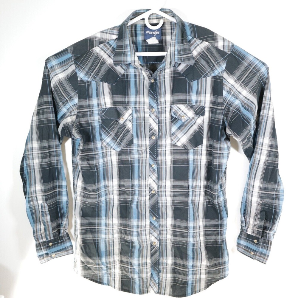 Wrangler Wrancher Flannel Shirt Men's XLT Tall Blue Plaid Western Pearl Snap